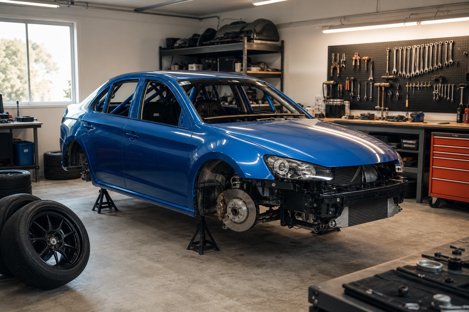 Modré závodní auto ve společné týmové dílně